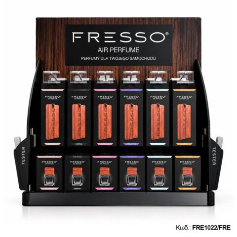 Fresso - Μικρό Επιτραπέζιο Ξύλινο Σταντ Προβολής Αρωματικών Αυτοκινήτου για 63 Κρεμαστά και 27 Αρώματα Air Perfume 50ml με Θέσεις Testers - 1 Τεμ. (FRE1022/FRE)