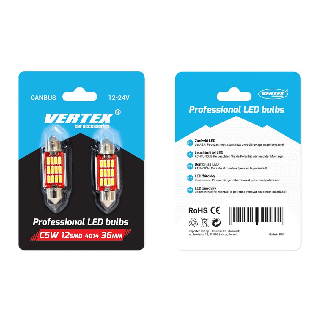 Amio - Λάμπες LED Πλαφονιέρας 36mm 12/24V 2.9W 5600K 12 LED CAN-BUS Festoon Λευκό Φως για Εσωτερικό Φωτισμό Καμπίνας και Πινακίδα Αυτοκινήτου - 1 σετ (01289/AM) - Image 2