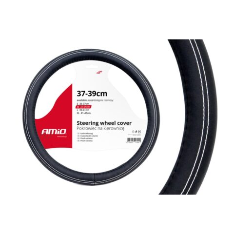 Amio - Κάλυμμα Τιμονιού Τύπου Swc-15-M διάσταση 37-39cm υλικό Δερματίνη χρώμα Μαύρο Με Λευκή Ραφή μέγεθος M για Επιβατικά Αυτοκίνητα - 1 τεμ. (01380/AM)
