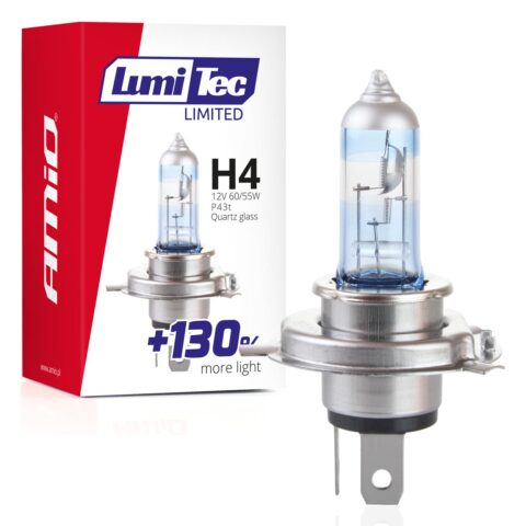Amio - Λαμπτήρας Αλογόνου LumiTec Limited +130% τύπου H4 12V ισχύος 60/55W με βάση P43t και λευκό φως 4300K διπλής λειτουργίας για αυξημένη ορατότητα και μεγαλύτερη δέσμη έως 40m - 1 Τεμ. (02132/AM)