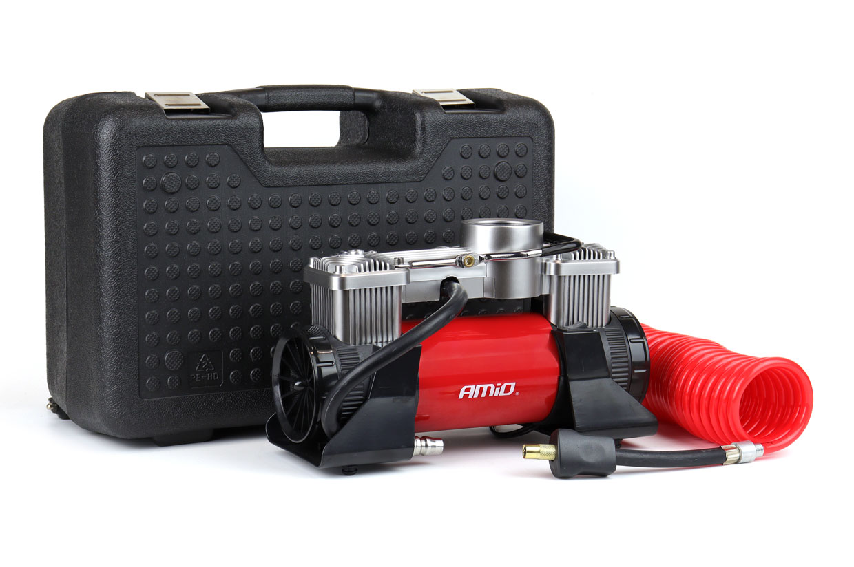 Amio – Κομπρεσέρ Αέρα 12V Διπλού Κυλίνδρου 10BAR 150PSI 60L/min με Μανόμετρο, LED Φακό, Σετ Επισκευής & Βαλιτσάκι για Άμεση Αντιμετώπιση Έκτακτων Αναγκών – 1 Τεμ. (02640/AM) - Image 6