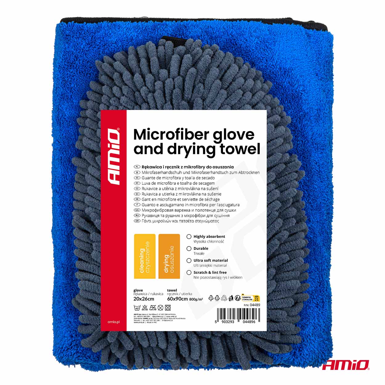 Amio - Σετ Περιποίησης με Γάντι Πλυσίματος 20x26cm (94g/sqm) και Πανί Στεγνώματος Μικροϊνών 60x90cm υψηλής απορροφητικότητας (800g/sqm) για Επιβατικά Αυτοκίνητα - 1 σετ (04489/AM) - Image 10