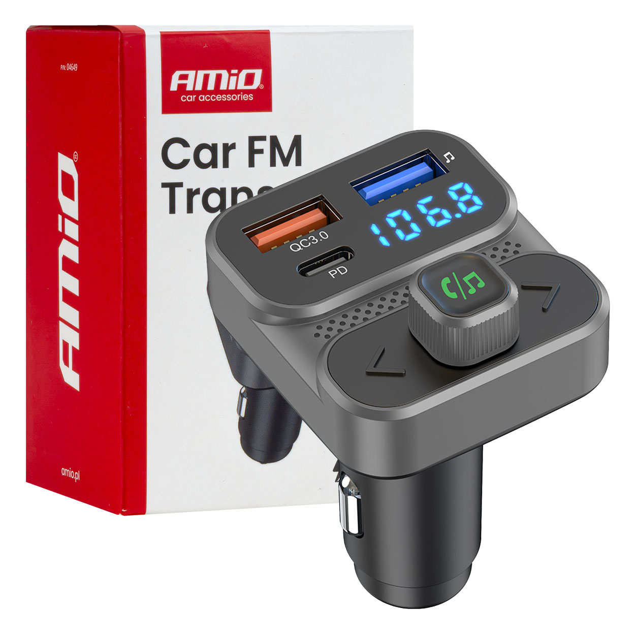 Amio - FM Transmitter Αναπτήρα τύπου FMT02 τάση λειτουργίας 12-24V με 2xUSB Type-A και 1xUSB Type-C για Επιβατικά Αυτοκίνητα και Φορτηγά - 1 τεμ. (04649/AM)