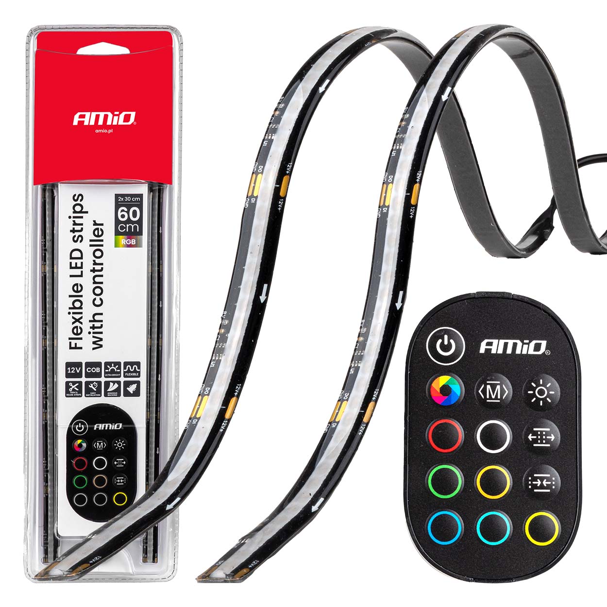 Amio – Ταινία LED RGB 12V 2x30cm Flexible με Τηλεχειριστήριο για Πολύχρωμο Εσωτερικό Φωτισμό & Easy Control – Σετ 2 Τεμ. (04579/AM)