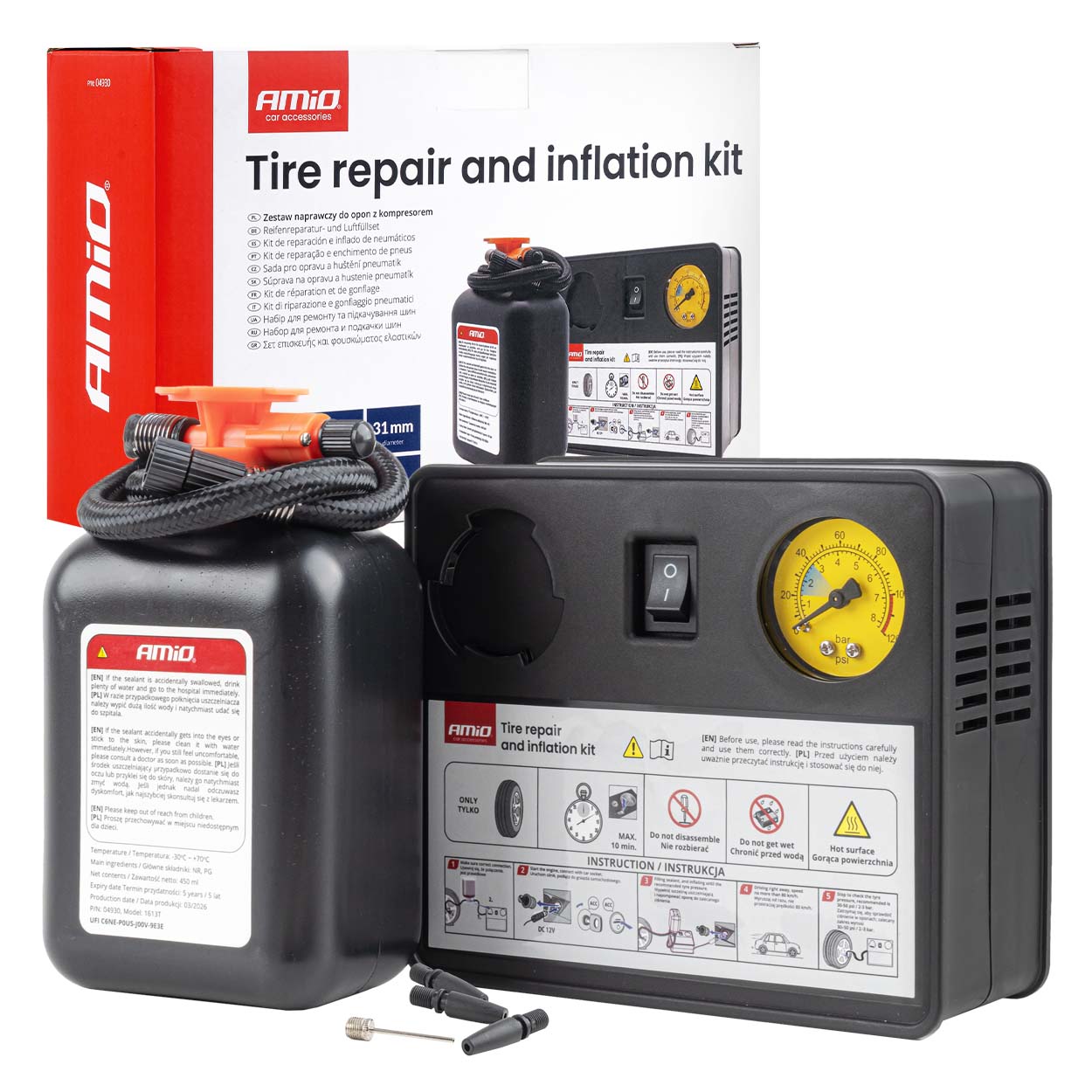 Amio – Κιτ Επισκευής & Φουσκώματος Ελαστικών 12V 120 PSI με Κομπρεσέρ Κυλίνδρου 31mm Universal