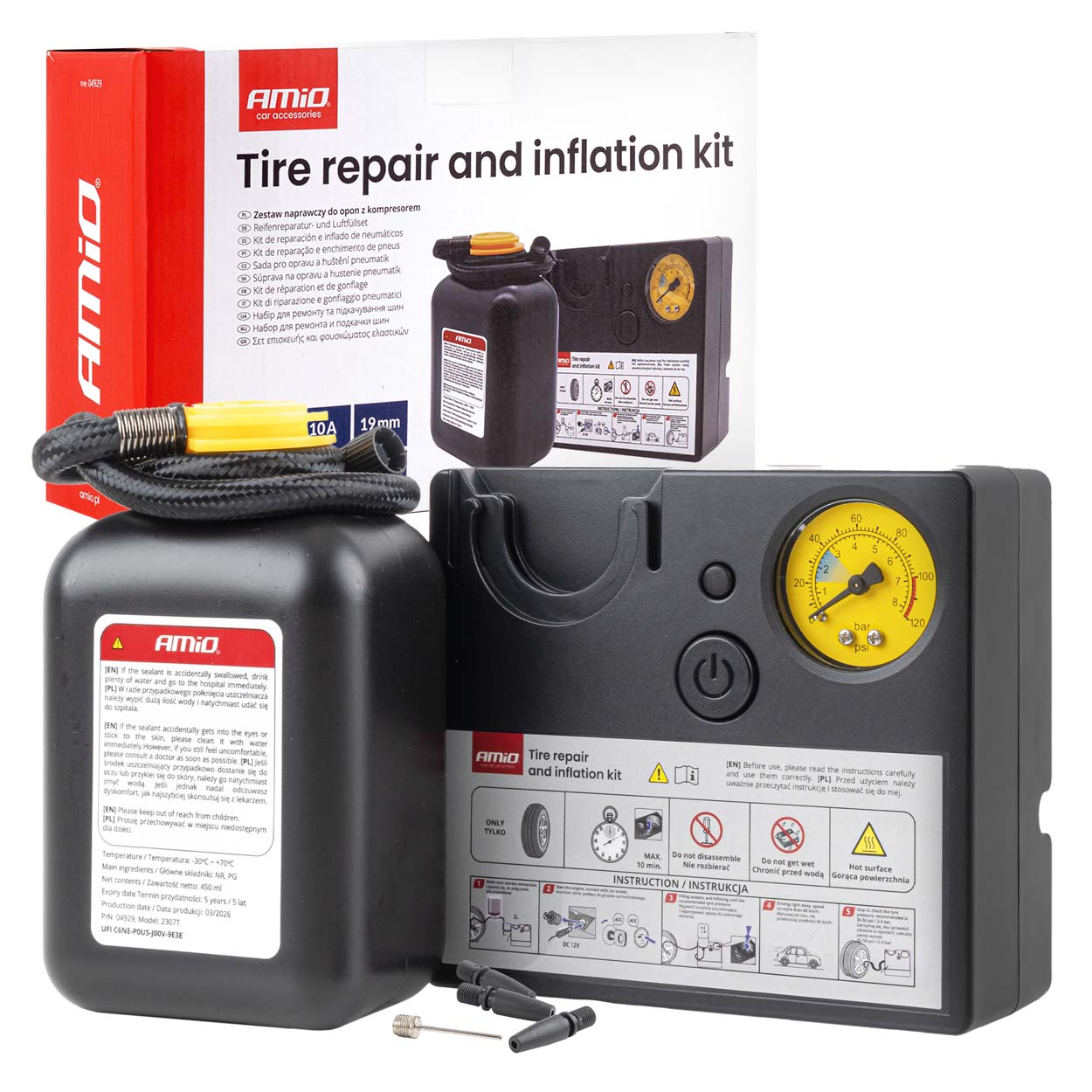 Amio – Κιτ Επισκευής & Φουσκώματος Ελαστικών 12V 120 PSI με Κομπρεσέρ Κυλίνδρου 19mm Universal