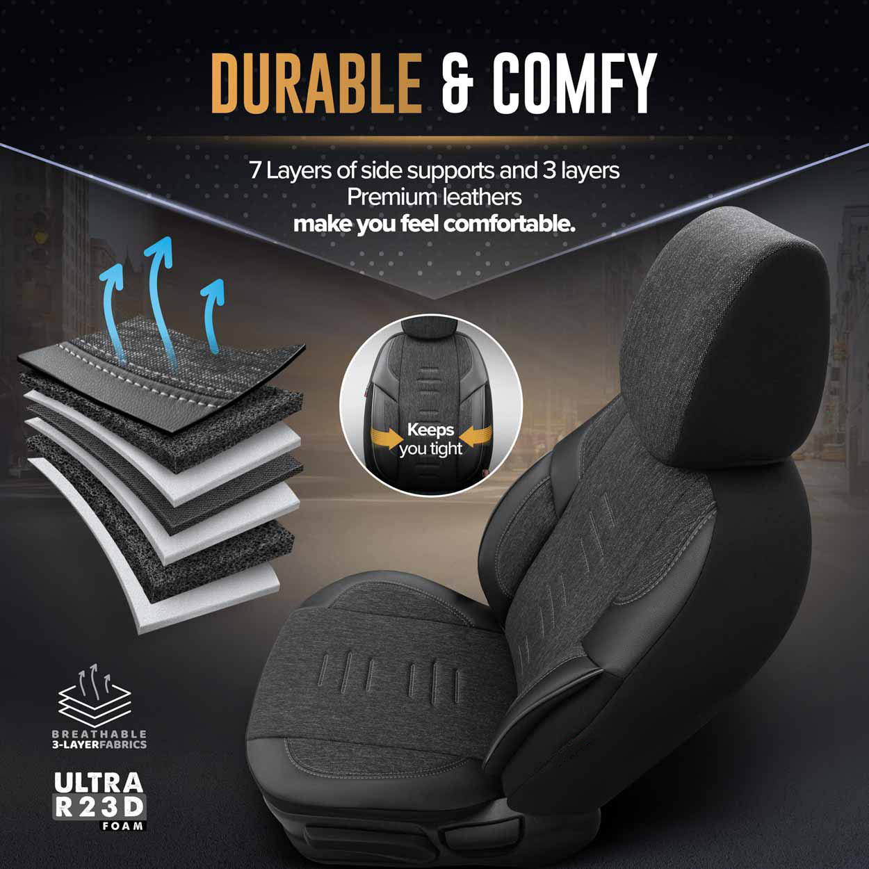 Amio - Καλύμματα Καθισμάτων OTOM Throne 102 Smoked σε Μαύρο/Γκρι Λινό και Δερματίνη για Μπροστινά και Πίσω Καθίσματα με 5 Προσκέφαλα - 1 σετ. (OT86755/AM) - Image 4